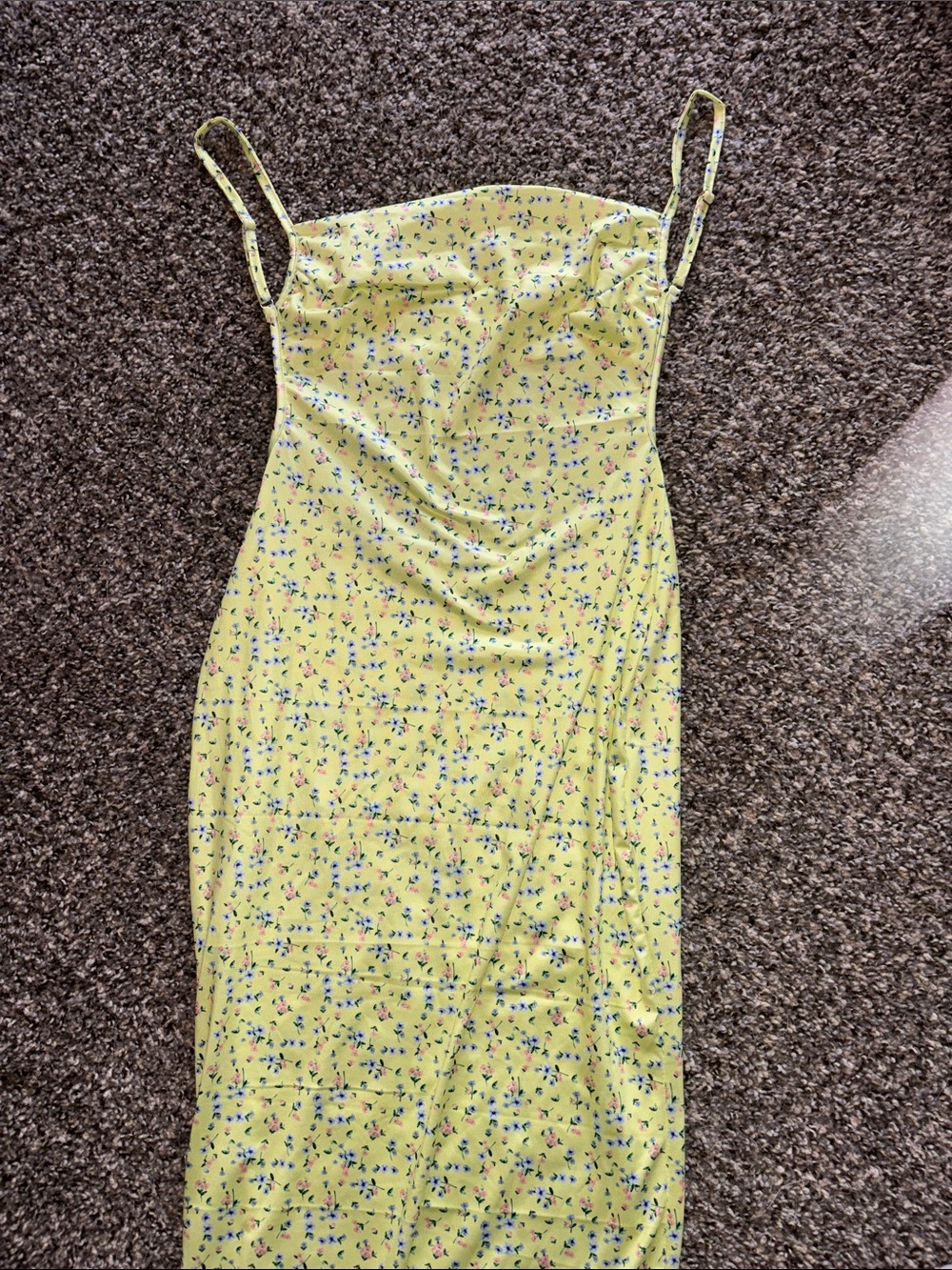 Light Yellow Floral Slip Dress with Spaghetti Straps- Open Back
